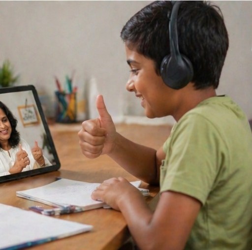A student giving a thumbs up during an online class with Alka on a tablet