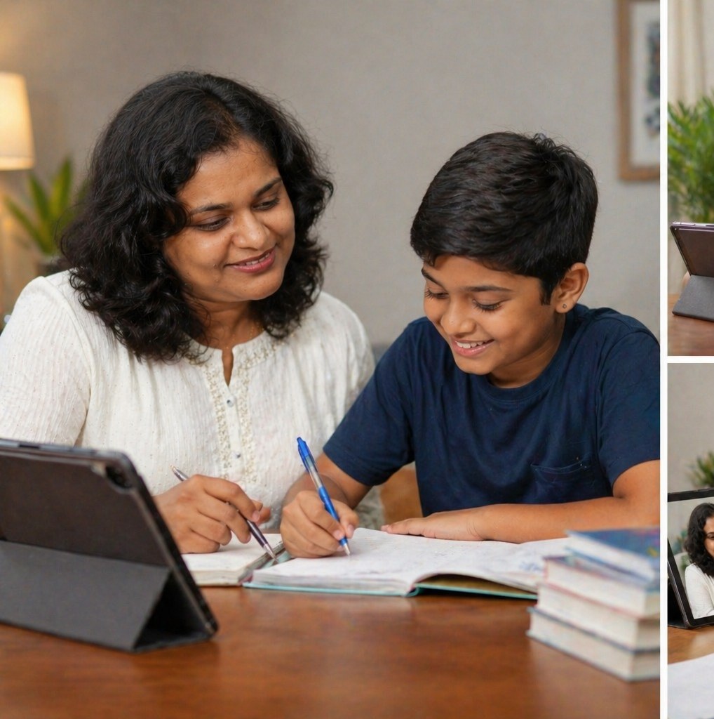 Alka working through a written exercise with a student, one-to-one