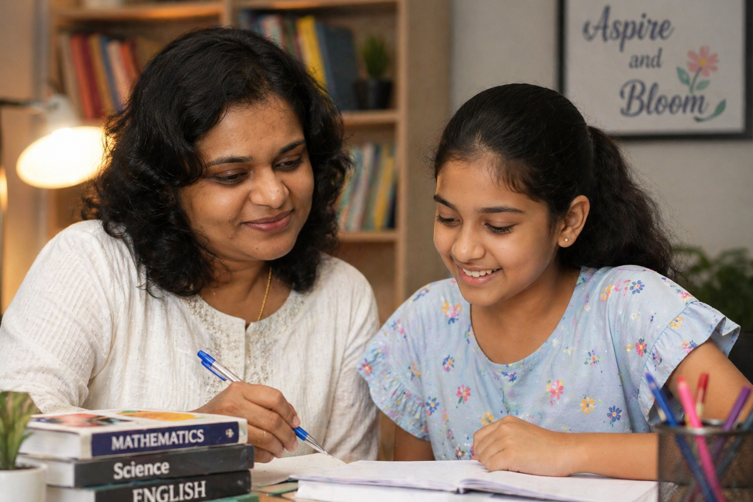 Alka working through a written exercise with a student, one-to-one